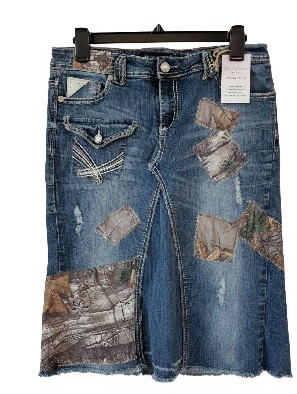 Re-created Denim Skirt/sweater Set with Camouflage Patchwork